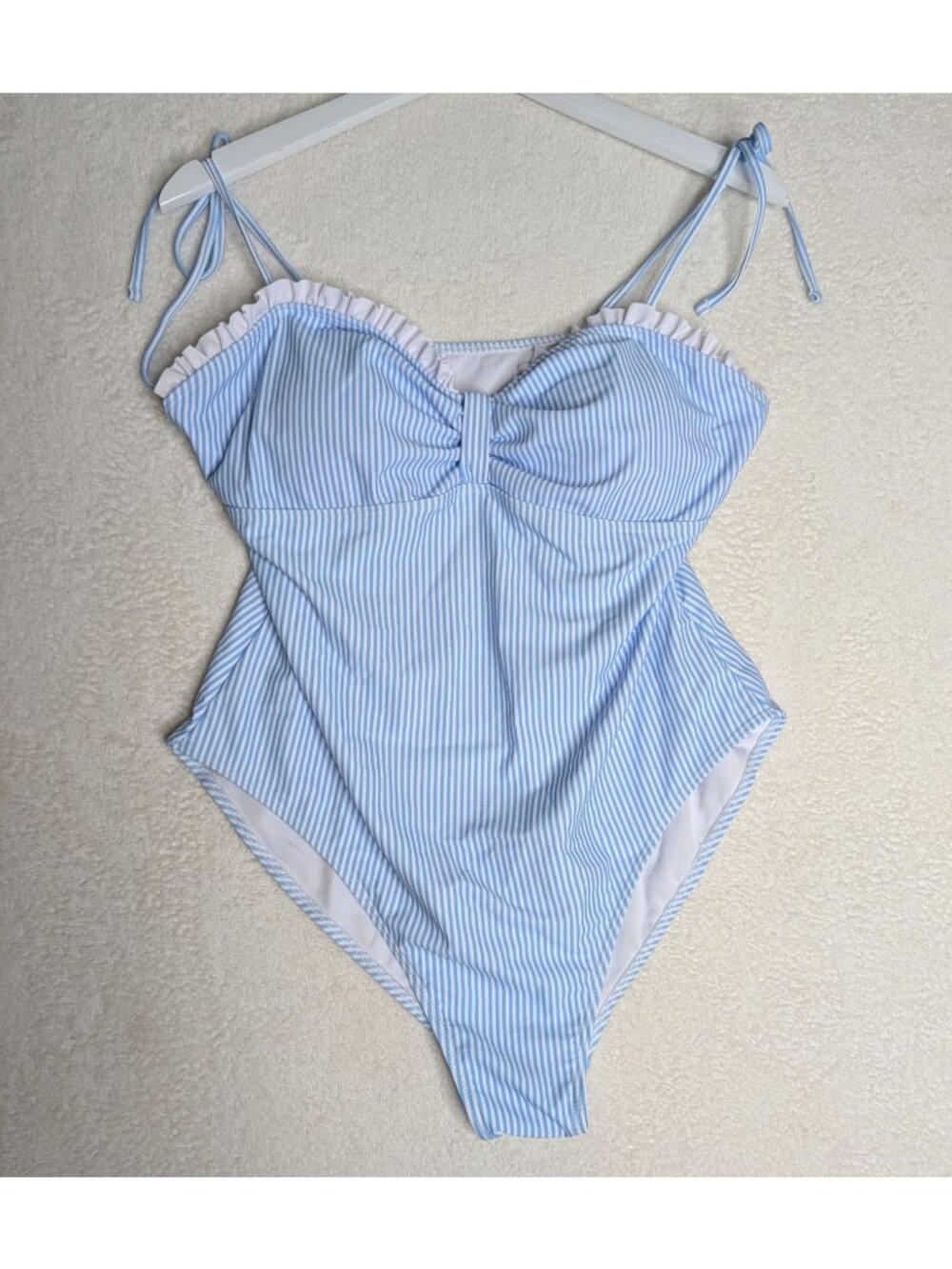 Blue & White XXL Striped One-Piece Swimsuit NWOT Adjustable Straps & Ruffle - Picture 3 of 10